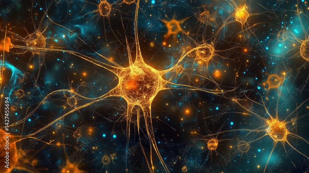 Poster glowing abstract neural network with connected pathways in a futuristic technological landscape