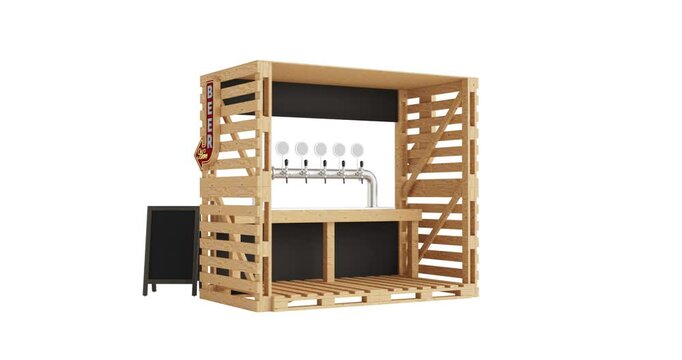 4k Resolution Video: Rustic Vibe Inviting Street Bar Setup. Wooden Beer Booth with Metal Taps and Blank Signage Seamless Looped Rotating on a white background with Alpha Matte