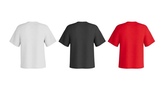 4k Resolution Video: Blank White, Black and Red T Shirt Front and Back Mockup Template for Your Design, Branding, Print and Store Seamless Looped Rotating on a white background with Alpha Matte