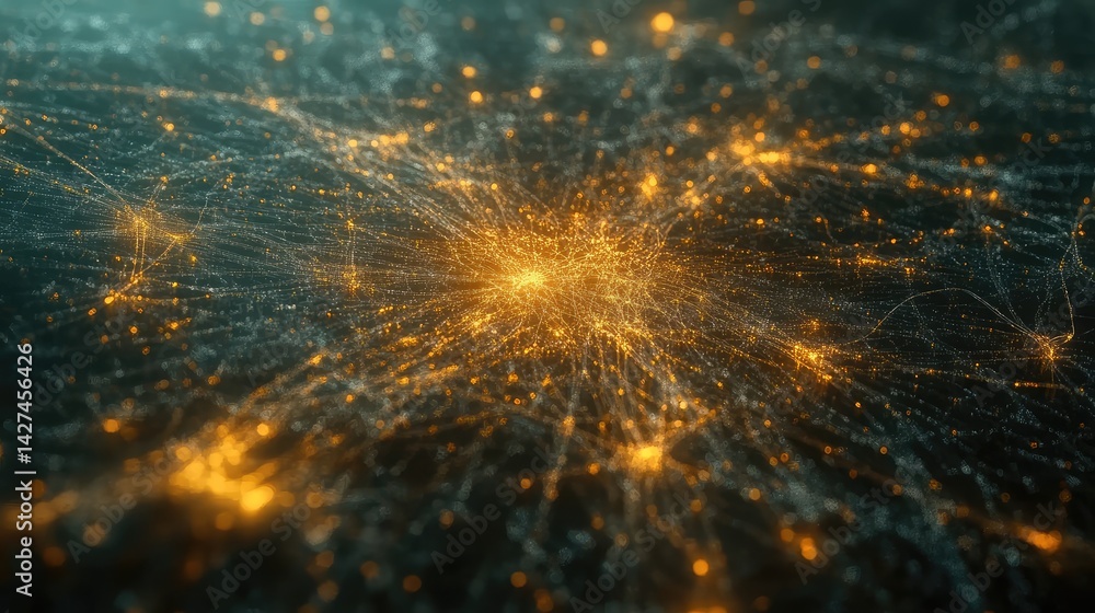 Poster light pulses traveling through a network of neurons, illustrating the concept of artificial neural n