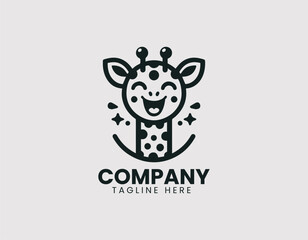 Funny Cartoon Giraffe Head Laughing Expression Vector Logo Design, Cute Giraffe Head Cartoon Laughing Logo
