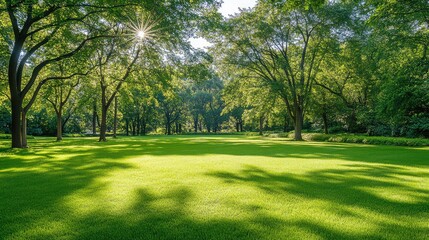 Obraz premium Peaceful forest glade with sunlight filtering through trees, calming nature escape with wide area for design