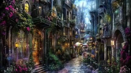 Fototapeta premium A fantastical, ornate alleyway at night, full of vibrant floral displays.