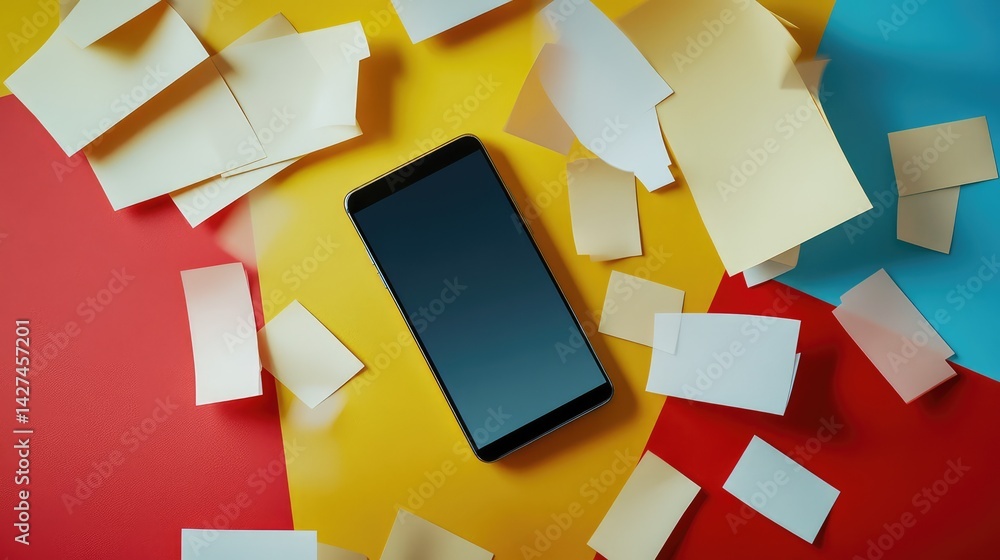 Poster smartphone laying flat on colorful textured table with floating app notification symbols and free sp