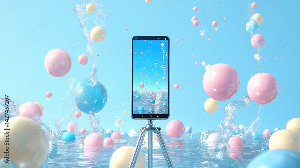 Poster smartphone mounted on tripod, with open livestream interface and subtle reaction bubbles in the back