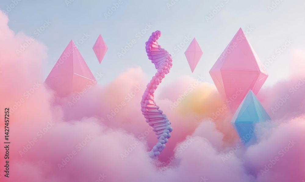 Poster pastel geometric shapes float in dreamy clouds; abstract background for design