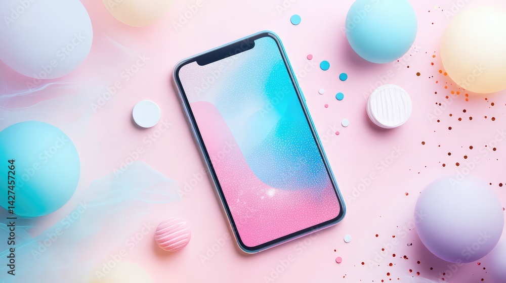 Poster story creation concept with vertical phone screen and abstract ui elements floating in soft pastel b