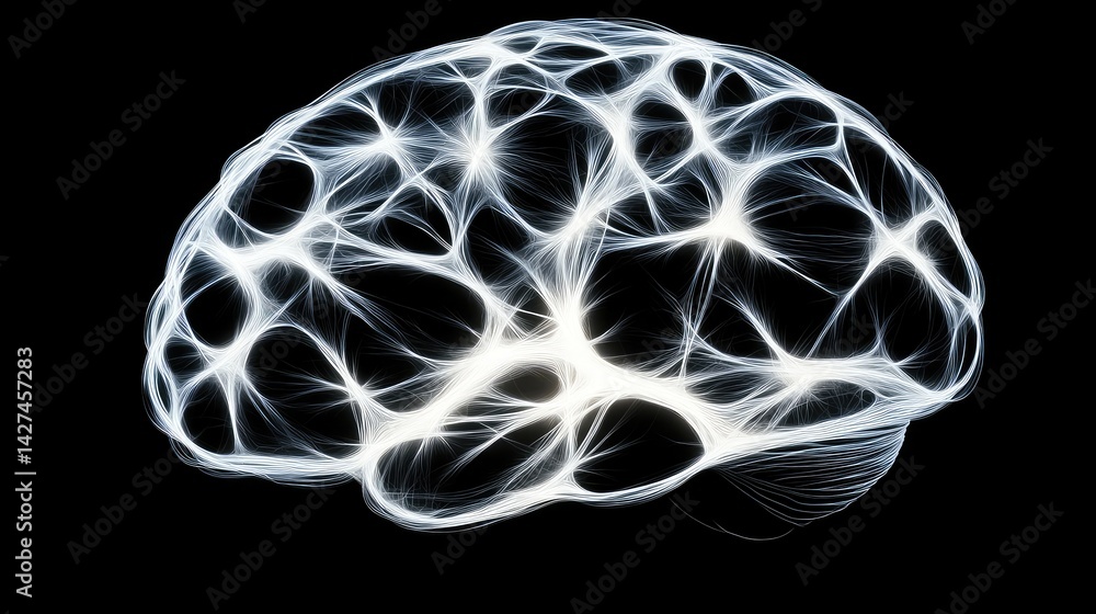 Poster stylized brain with glowing neural links, representing artificial neural network structure