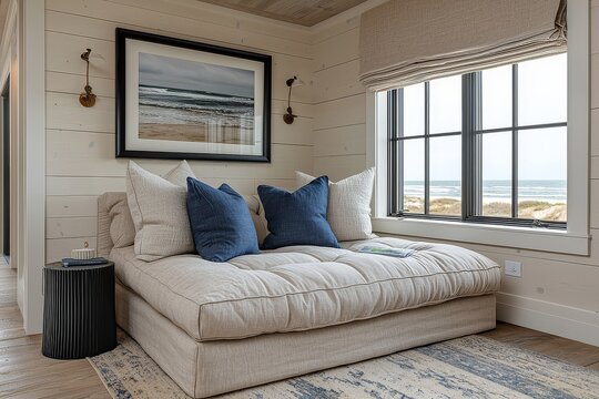 Cozy window seat in a beach house with light gray linen chaise, blue pillows, black side table, and coastal views, styled with soft, muted colors.