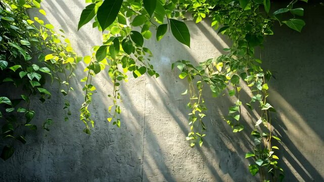 Vines cascading against rough concrete wall bathed in dappled sunlight, serene scene