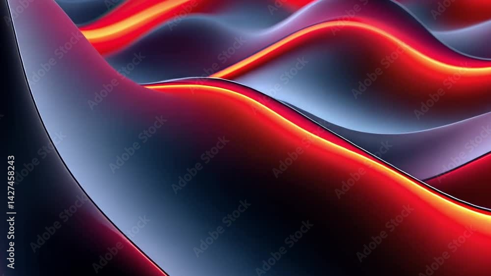 Poster dynamic abstract background of smooth, flowing waves in vibrant red and dark tones with light and sh