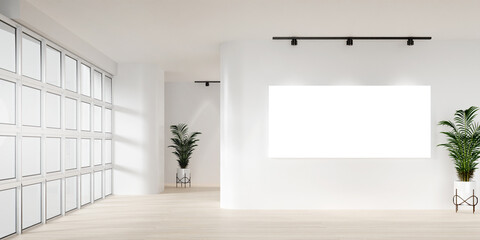 Modern minimalist gallery space with blank canvas, 3D render illustration.