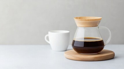 Freshly Brewed Coffee in Elegant Glass Carafe and White Cup