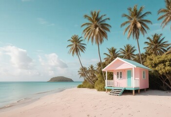 Fototapeta premium A charming pink beach hut stands against a backdrop of golden sand and turquoise waves, adorned with white shutters and a thatched roof, exuding coastal charm.