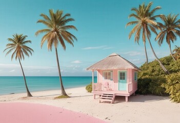 Fototapeta premium A charming pink beach hut stands against a backdrop of golden sand and turquoise waves, adorned with white shutters and a thatched roof, inviting relaxation.