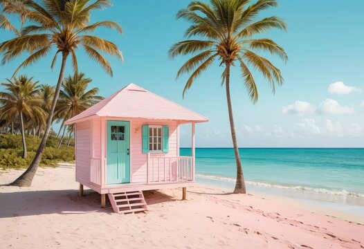 A charming pink beach hut nestled among swaying palm trees, with golden sand stretching along the shore and gentle waves lapping nearby.