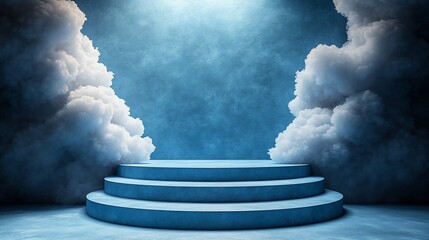 Blue platform with clouds, spotlight, textured background.