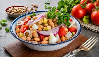 Piyaz - Turkish bean salad - Vibrant and flavorful ingredients in a bowl of Piyaz, onions, tomatoes, parsley and seasonings