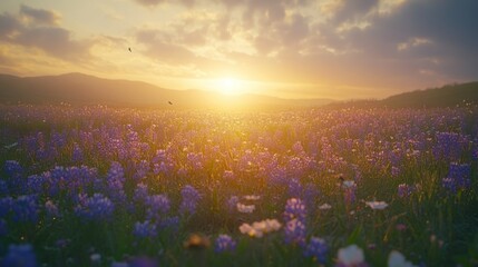 Fototapeta premium Sunset over a field of purple wildflowers