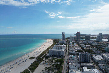 Miami Beach aerial drone view with skyline. Miami from above. Drone view of Miamis famous...