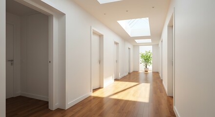 Obraz premium Bright hallway with natural light and clean design. Minimalist interior with white walls, modern flooring, and elegant decor. Perfect for real estate, architecture, and interior design projects.