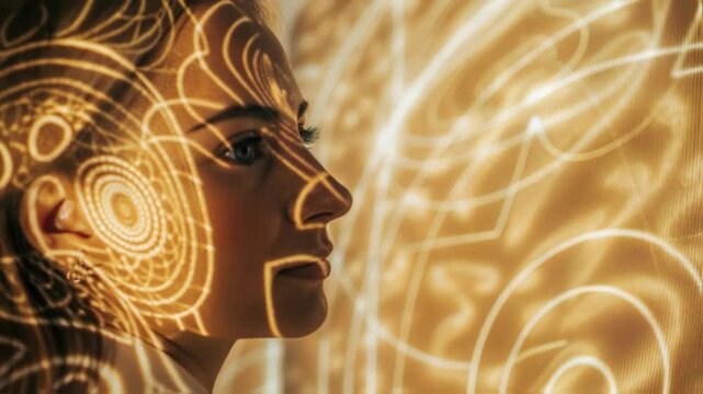 Intense gaze of a biohacker halfshadowed as swirling digital graphs and augmented reality projections of neural pathways and brain activity surround their head.