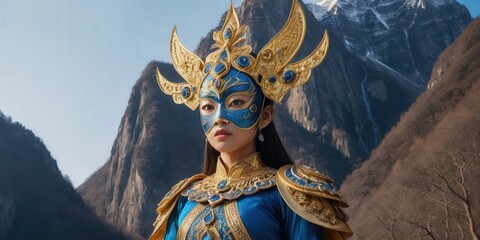 Fototapeta premium A woman in a stunning, intricate costume adorned with vibrant colors, sequins, and feathers, exuding elegance and creativity at a festive event.