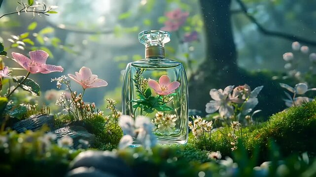 A captivating glass perfume bottle surrounded by vibrant flowers in a serene forest setting