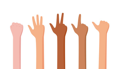 Flat cartoon hand count gestures in a set. Different fingers count numbers, creating diverse bare arm poses. People silhouette character element with math and educational focus. Ideal for school or