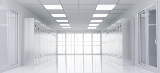 Sleek school hallway with lockers and bright lighting, 3D render illustration