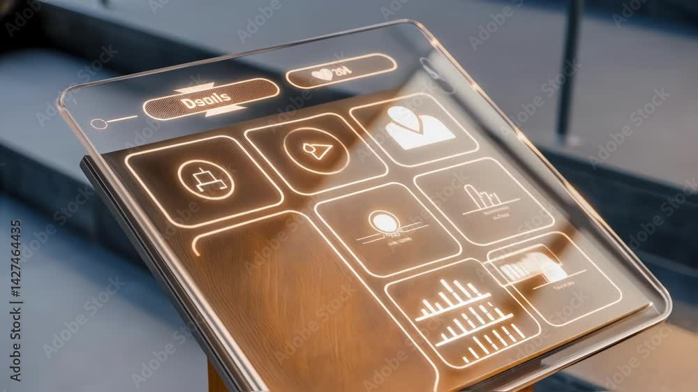 Aufkleber an illuminated floating holographic screen showcases various biohacking parameters including muscle 
