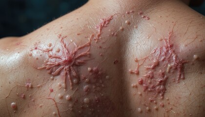 Fototapeta premium Red, inflamed skin lesions covering a person's back.