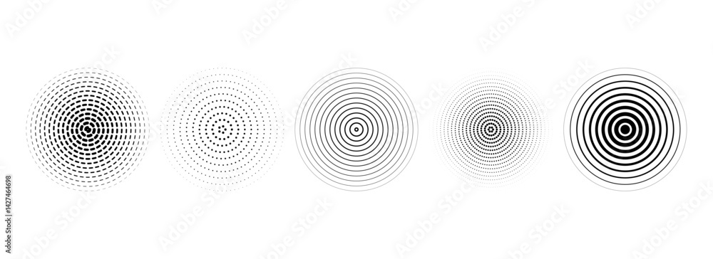 Poster Black concentric circle collection. Dotted and dashed round sound wave set. Epicenter, target, radar, sonar icon concept. Radial radio signal or vibration elements. Vector linear halftone symbol pack