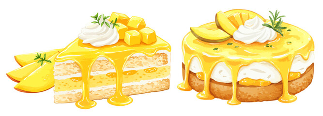 マンゴーケーキの水彩風イラストセット ホイップ生クリームのスイーツ ショートケーキ/ホールケーキ/飾り切りされたマンゴーフルーツ
