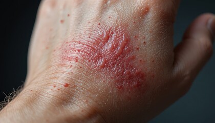 Red, irritated rash covers the palm and back of a hand.