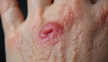 Fototapeta premium Close-up view of a raised, inflamed skin lesion on the hand.