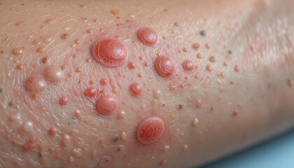 Fototapeta premium Close-up view of numerous inflamed, red bumps on skin.