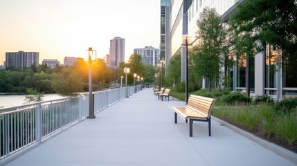 Naklejka premium Urban Park Bench Modern Cityscape High-resolution Golden Hour Long shot, multiple benches, peaceful ambiance, waterfront setting, Warm Sunset Hues, Ideal for real estate brochures