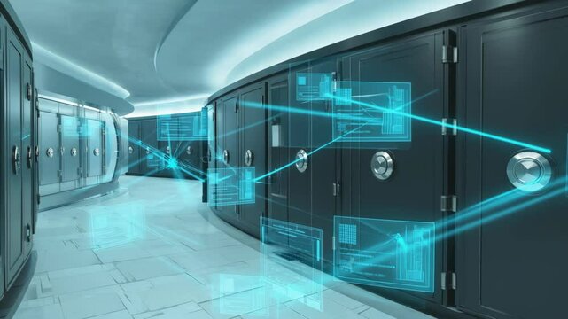 Futuristic digital vault corridor with secure servers and glowing holographic data connections, representing high-tech cybersecurity, digital storage, blockchain, and next-generation data protection.
