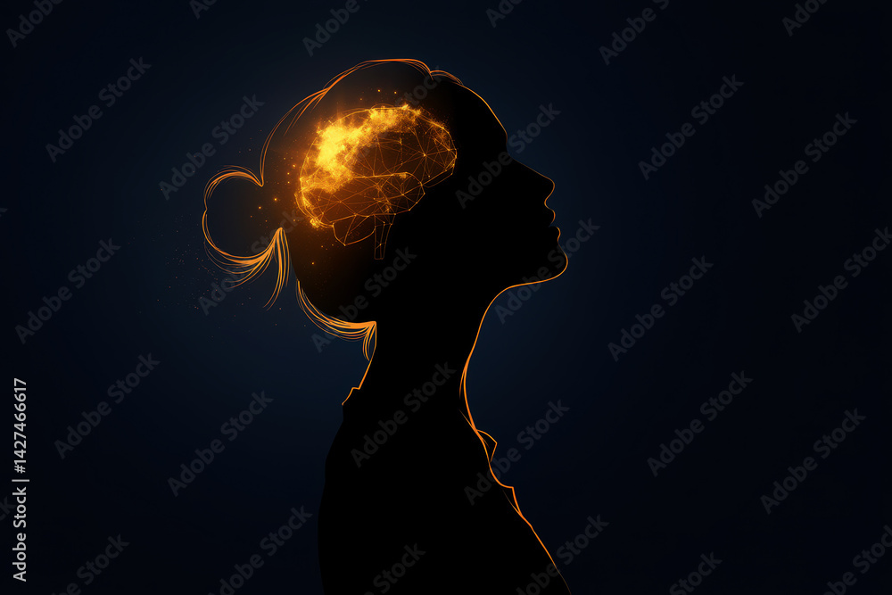 Poster silhouette of woman with glowing neural network representing artificial intelligence and creativity.