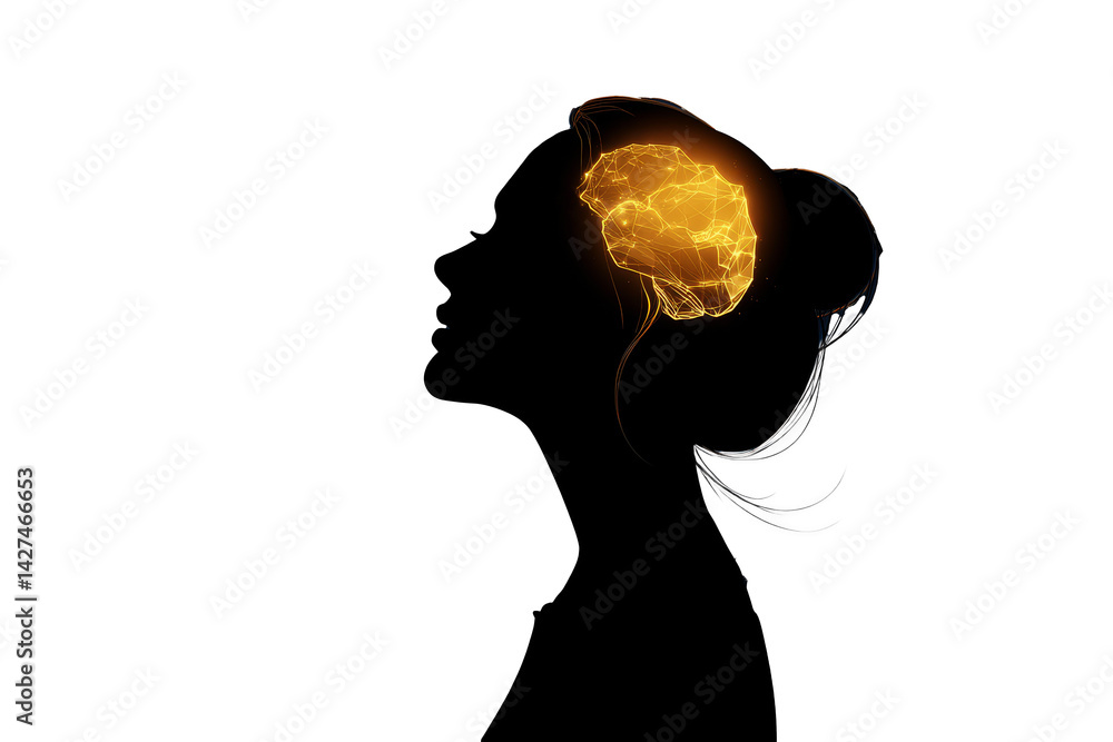 Poster silhouette of woman with glowing neural network representing artificial intelligence and creativity.