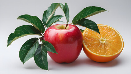 Obraz premium red apple and orange half with leaves on white background apple with leaf