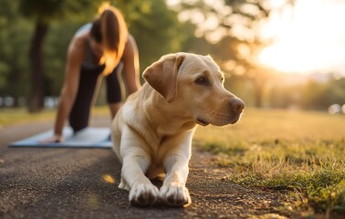 Fototapeta premium Woman Practicing Yoga on a Mat with a Golden Labrador Dog Relaxing in the Park During Sunset