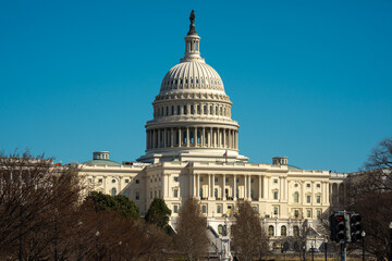 Obraz premium The Capitol building. The Capitol landmark. The Capitol monument symbol of the American democratic system. The Capitol dome on sky background. Washington, D.C. American Capital.