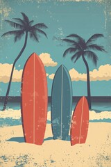Surfboards stand on a sandy beach near palm trees under clouds