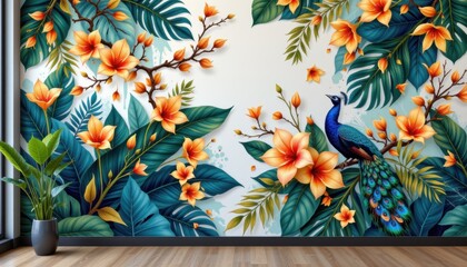Obraz premium Vibrant floral mural with peacock modern interior art installation bright atmosphere artistic perspective