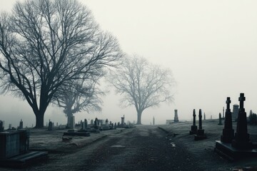 Foggy cemetery path shrouded in somber tones.