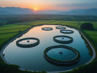 Modern aquaculture design with circular fish ponds surrounded by vibrant rice paddies at dawn, combining agriculture and sustainability in harmony with nature

