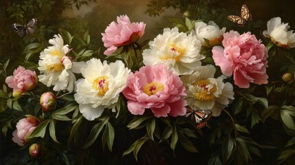 A vibrant arrangement of blooming pink and white peonies set against a dark background.
