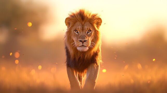 Regal Lion Walking Towards Camera at Sunset in African Savanna